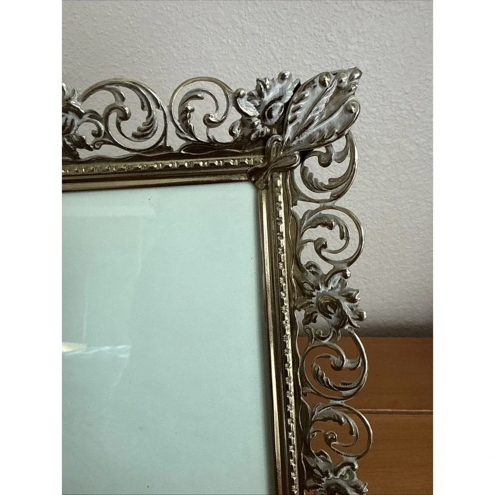 VTG Filigree Picture Photo Frame 5x7 Inch Brass Gold White Metal Ornate Standing